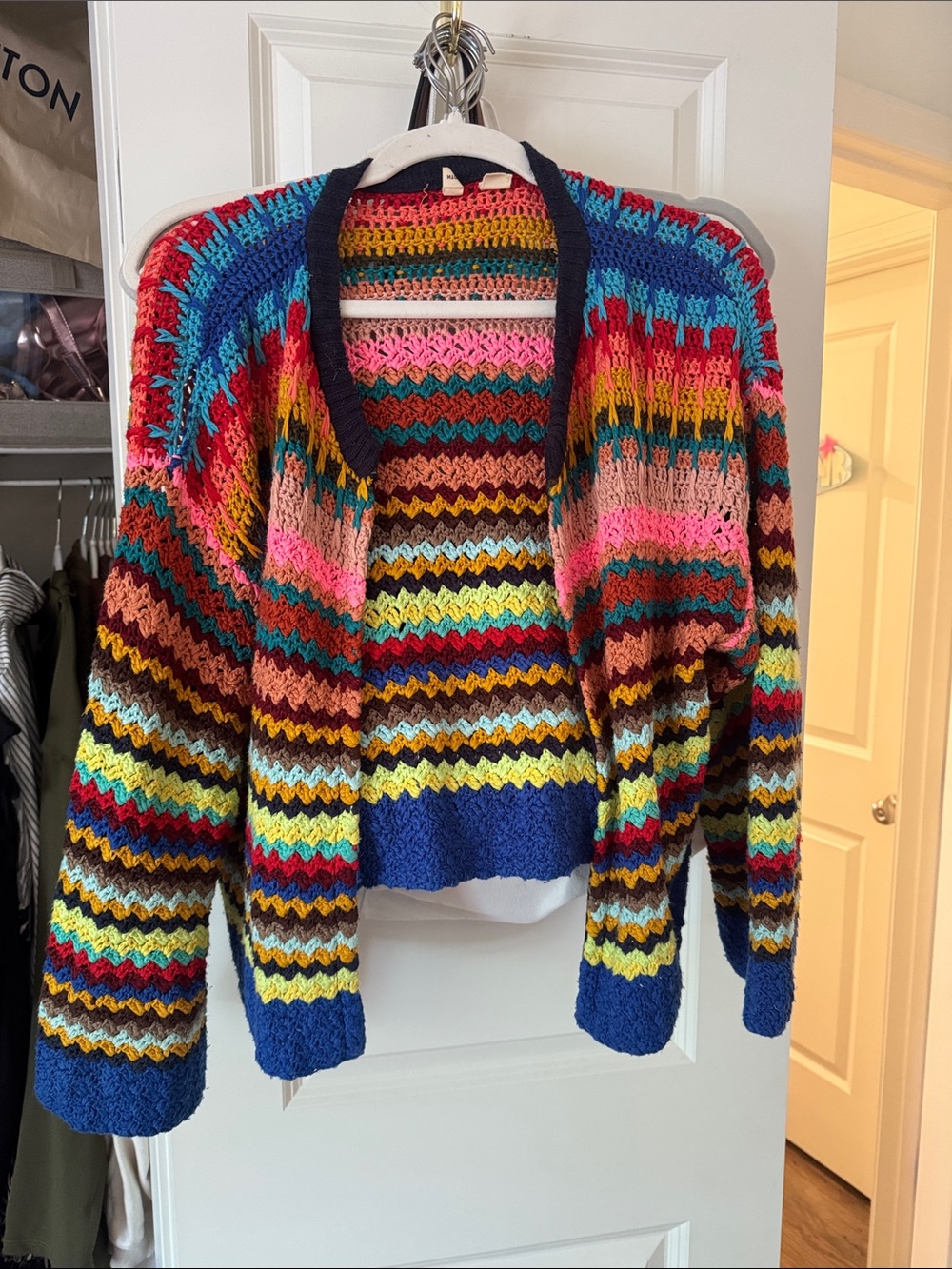 Moth Multicolor Crochet Stripe Cardigan in Blue, Pink & Yellow